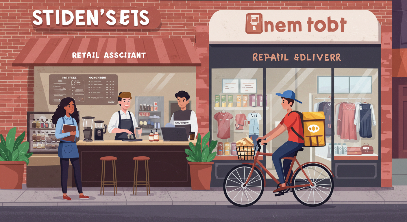 Cartoon illustration of diverse people gathered outside a store, chatting and enjoying the day, while discussing opportunities for part time jobs Edmonton.