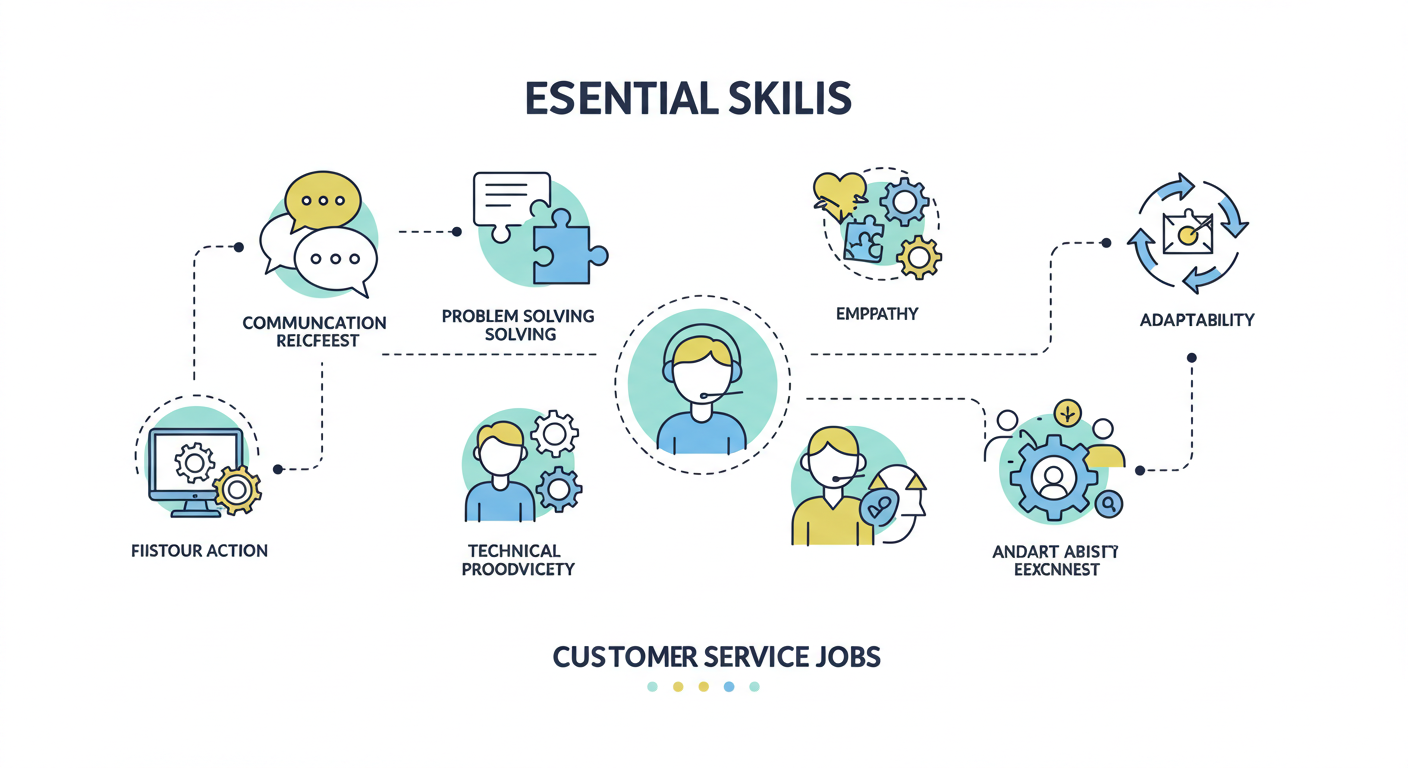 Infographic highlighting essential skills for customer service jobs in Windsor, including communication, empathy, and problem-solving.