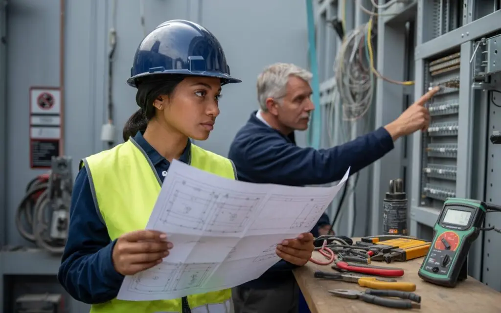 Two individuals in hard hats and vests examining a blueprint at a construction site.