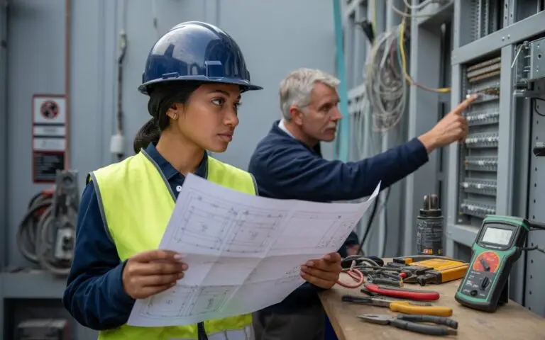 Two individuals in hard hats and vests examining a blueprint at a construction site.
