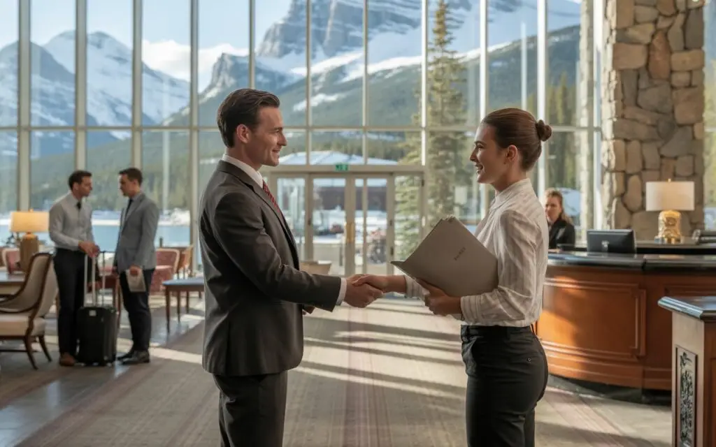 A man and woman shaking hands in front of a large window, symbolizing a business agreement or partnership.