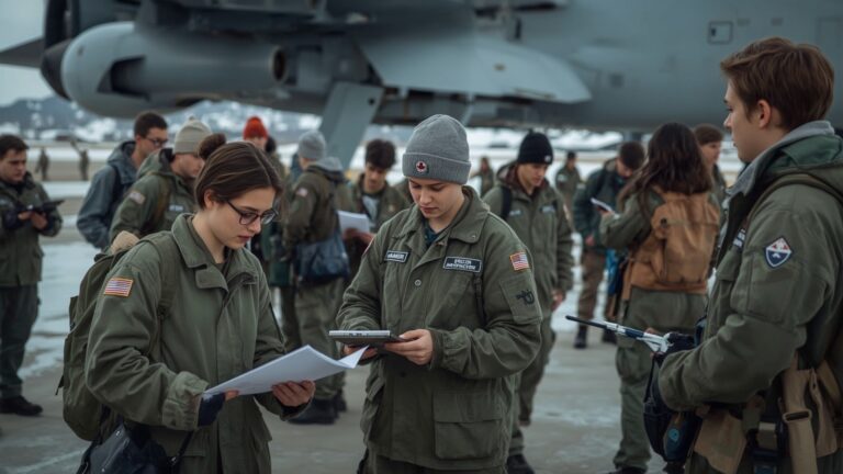 Several uniformed military members standing together near a plane, discussing operations and aircraft details.