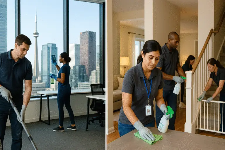 Two images of individuals cleaning and organizing an office space, showcasing teamwork and attention to detail.