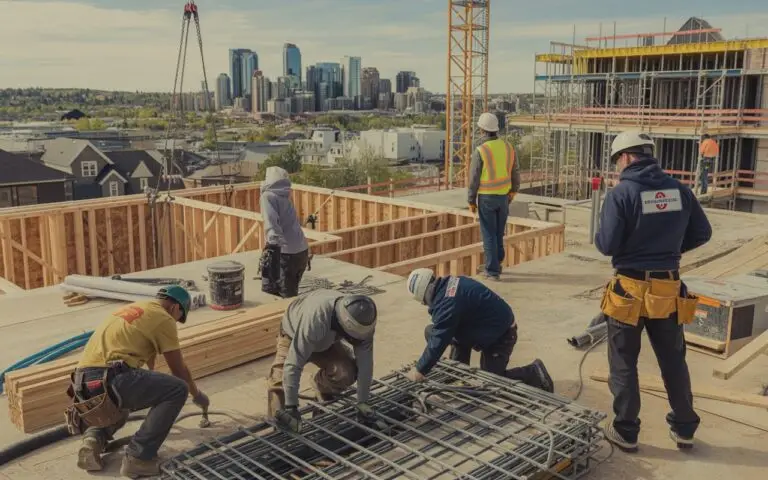 Construction workers in hard hats and vests work on a busy city construction site, surrounded by machinery and scaffolding