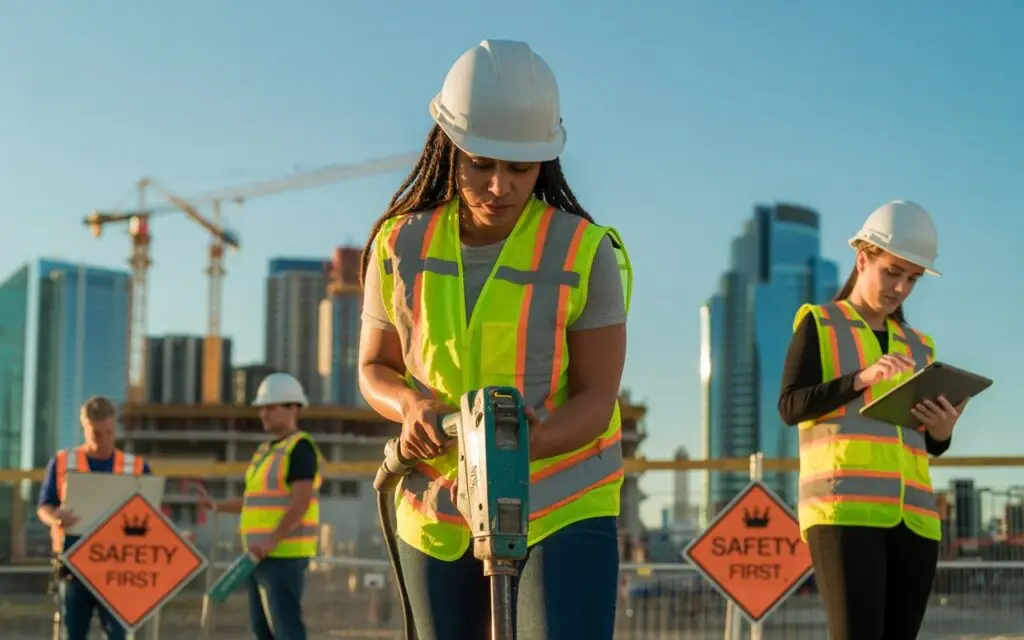 A group of women in bright construction vests and hard hats, collaborating on a construction project.