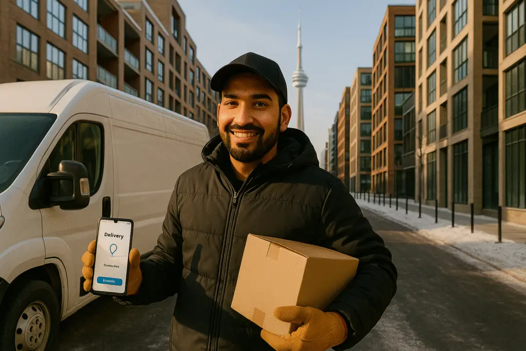 A man holding a smartphone in one hand and a small box in the other, looking focused and engaged.