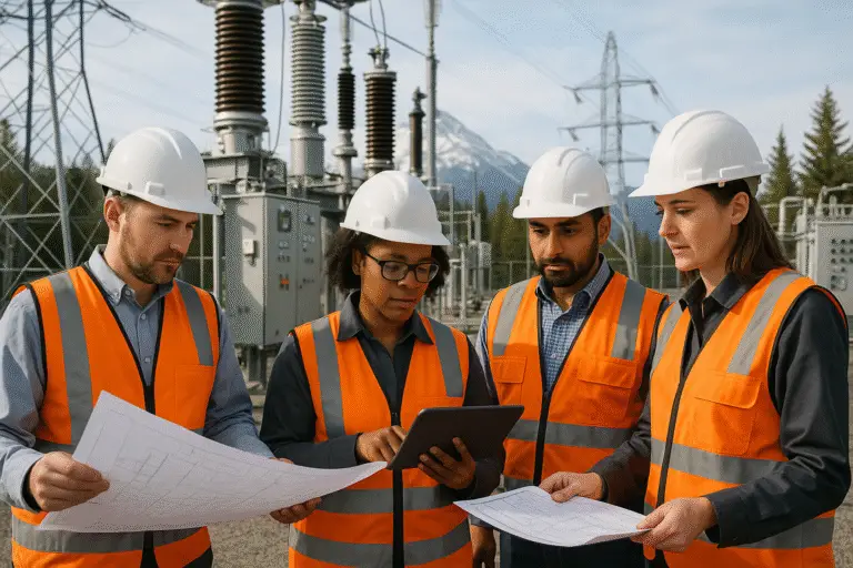 Four individuals in orange vests stand in front of an electrical substation, discussing safety protocols and equipment.