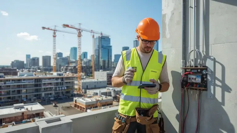 A man wearing an orange vest and safety gear is engaged in a phone call outside.