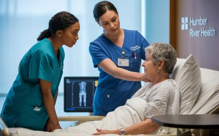 An elderly woman in a hospital bed talks with two nurses, who are attentively discussing her care and well-being.