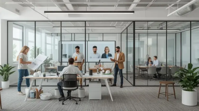 A group of colleagues in an office, actively involved in a video conference, discussing projects with remote team members.