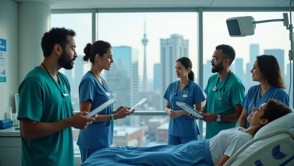A group of doctors surrounds a patient in a hospital room, discussing the patient's care and treatment options.