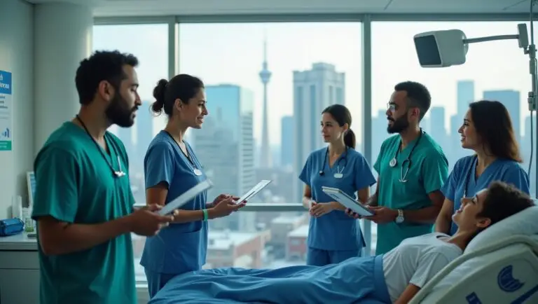 A group of doctors surrounds a patient in a hospital room, discussing the patient's care and treatment options.