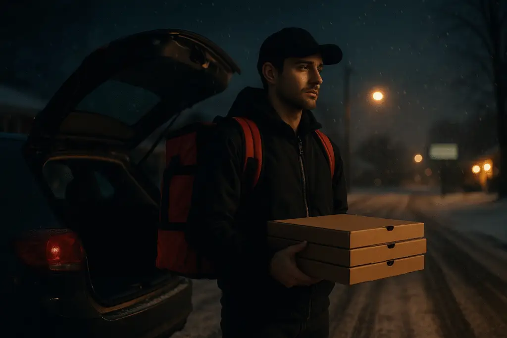 A man trudges through the snow, balancing two pizza boxes as he moves.