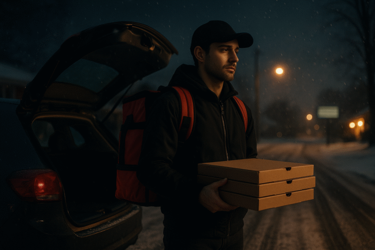 A man trudges through the snow, balancing two pizza boxes as he moves.