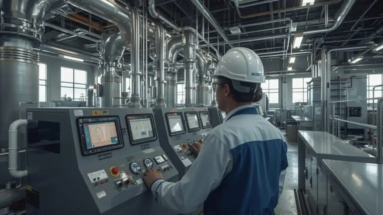 A man in a hard hat and blue shirt operates a machine, focused on his work in an industrial setting.