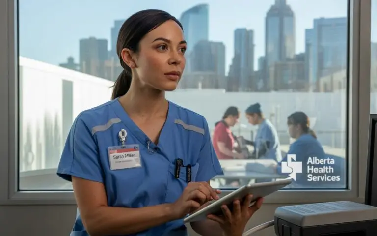 A nurse stands by a window, holding a tablet computer and looking at the screen with a focused expression.