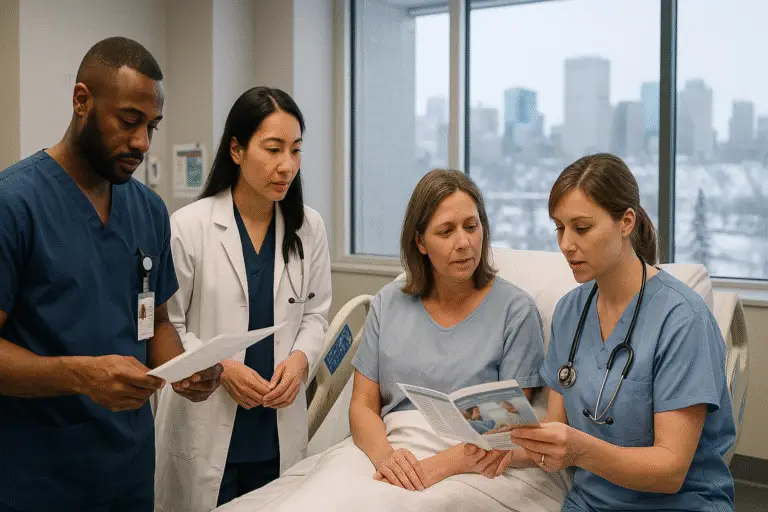 A group of doctors and nurses attentively surrounding a patient in a hospital setting, discussing care and treatment.