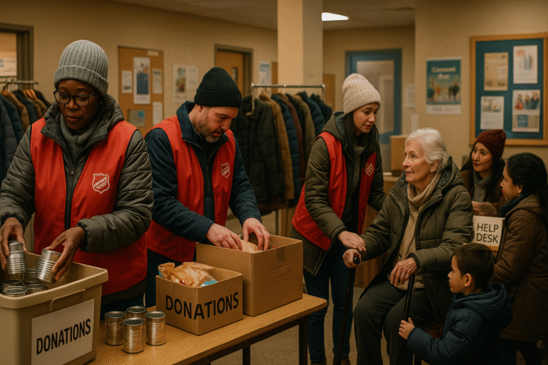 People in red vests and coats gather around boxes of food, preparing for a community distribution event.