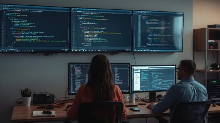 Two colleagues analyzing code on their computer screens while collaborating on a project.