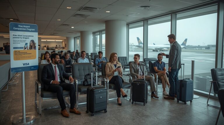 People seated in an airport terminal, waiting for their flight, with luggage and travel items around them.