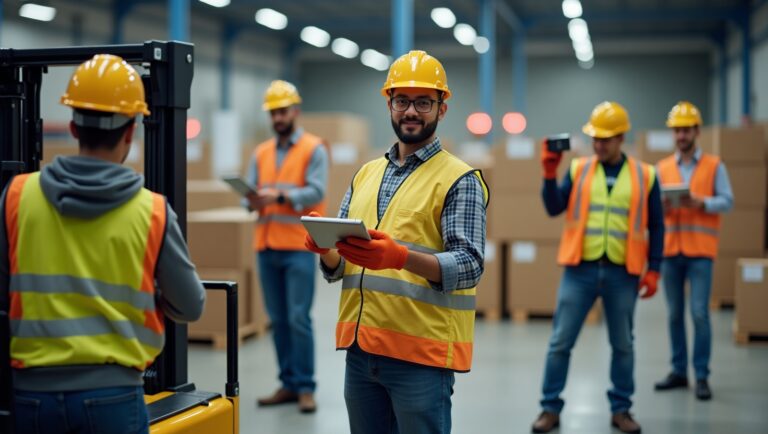 Several workers in a warehouse consult a tablet, coordinating their efforts on inventory management and logistics.