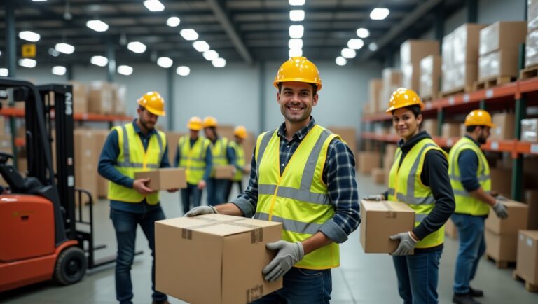 Several workers wearing safety vests and hard hats are gathered, each holding a box at a construction site.