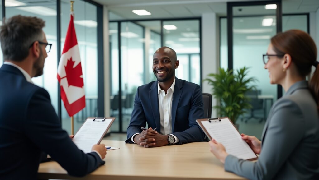Three people at a table, with a man in a suit actively participating in the discussion.