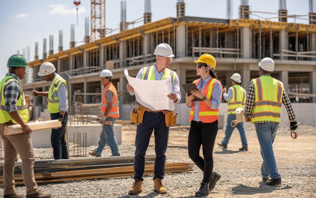 Job site superintendent overseeing construction workers in hard hats and safety vests as they collaborate at a busy site with machinery and materials.