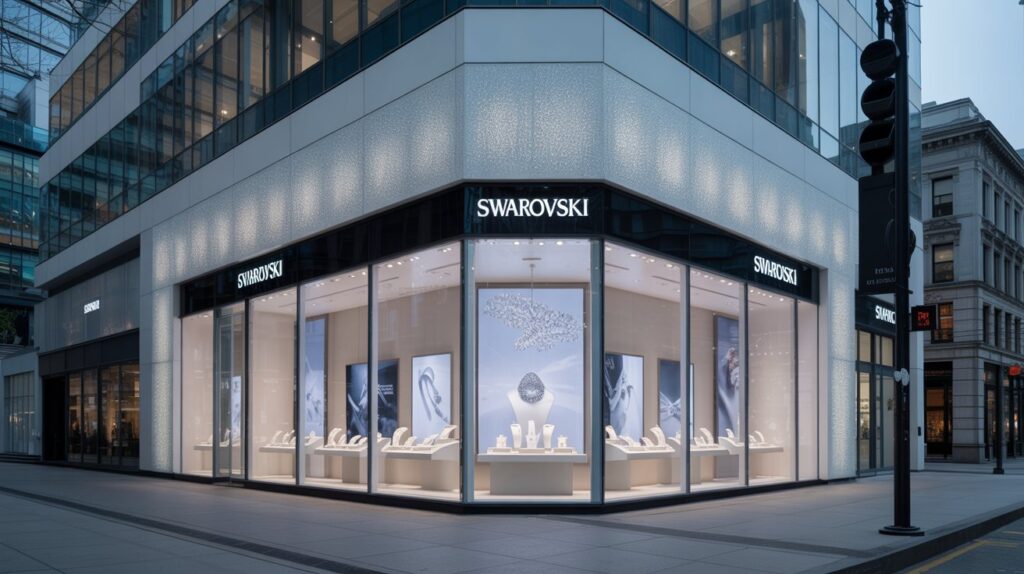 Singhosi's new store exterior in New York City showcases modern design and vibrant signage, echoing the contemporary retail aesthetic seen in Swarovski Canada’s flagship locations.