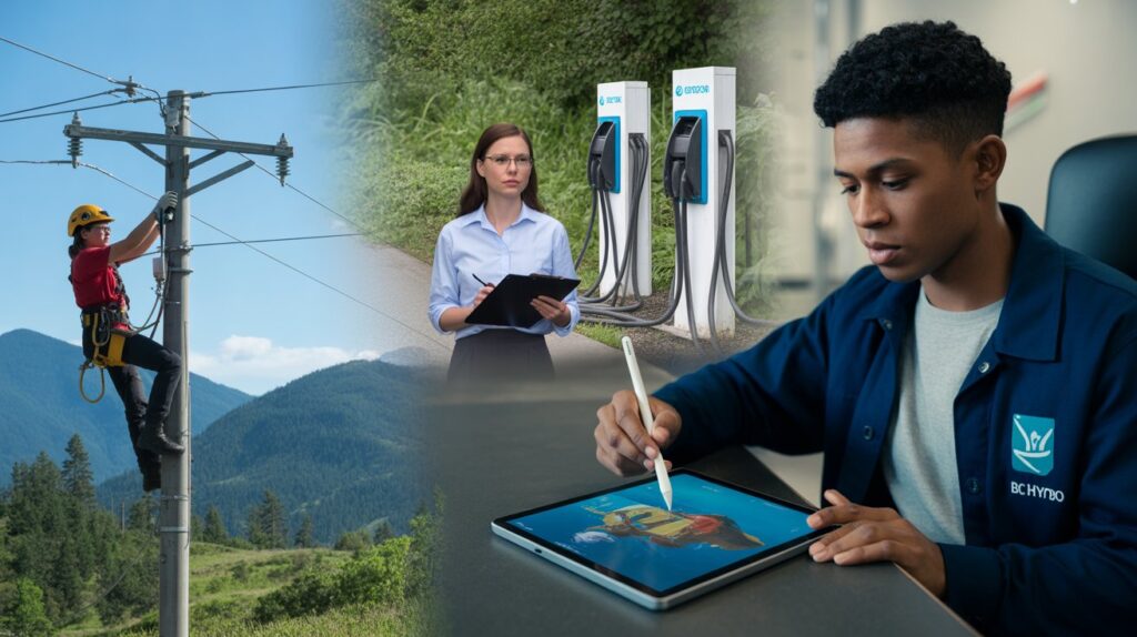 A collage of three images showing BC Hydro jobs: a man with a tablet and two men in blue shirts, all focused on their tasks.
