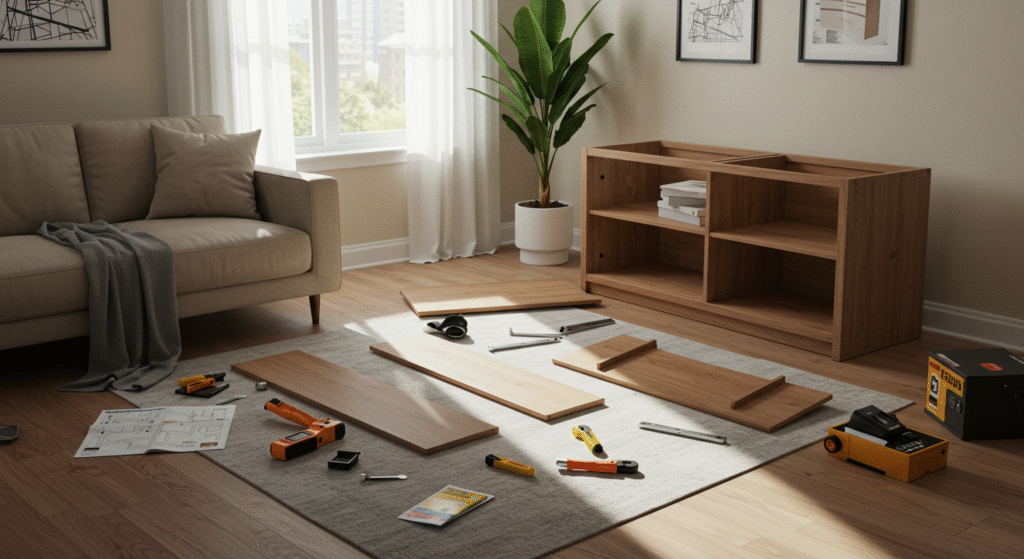 A modern apartment interior featuring Structube Canada couch, bed, and table arranged in a cozy living space.