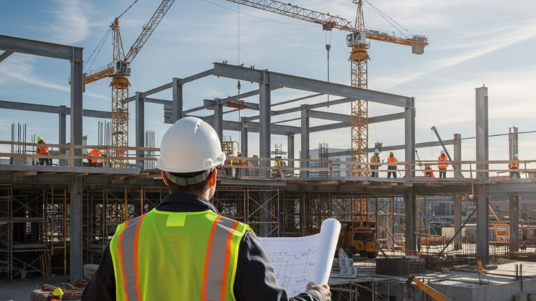 A construction site superintendent examines a blueprint while standing on-site, surrounded by building materials and equipment.