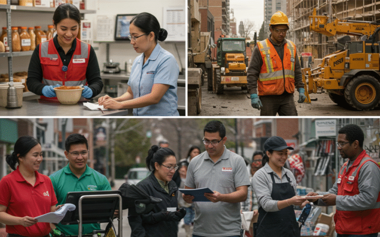 A collage of four images featuring people in different entry level Calgary jobs, illustrating a range of professional settings and activities.