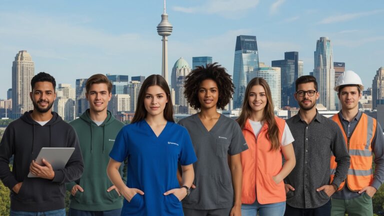 A diverse group of people poses together in front of a vibrant city skyline during the day, reflecting the growing opportunities for entry level jobs Calgary has to offer.