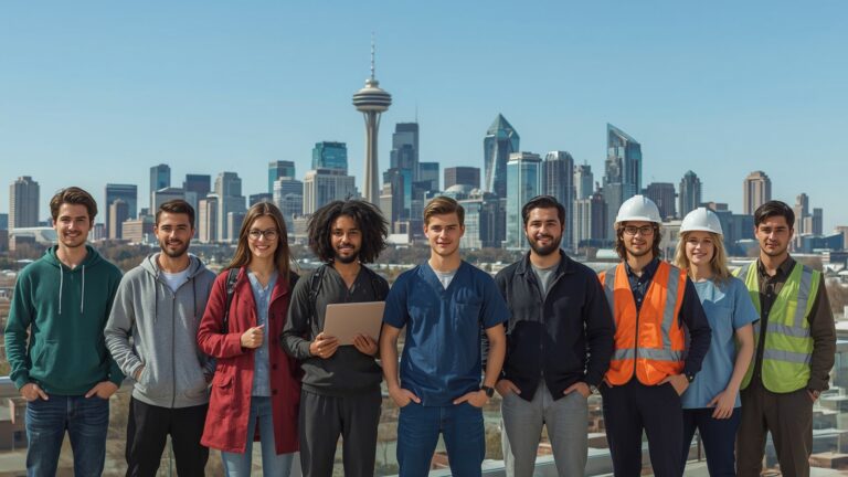 A diverse group of people stands together, smiling in front of a vibrant city skyline, symbolizing the rise of entry level positions Calgary offers.
