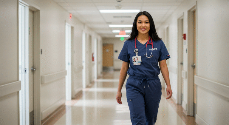 A female nurse walking confidently down a hospital hallway, wearing Figs Canada scrubs and a stethoscope around her neck.