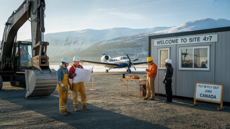 hree men stand in front of a building with a sign reading 'Welcome to the Site,' representing workers involved in fly in fly out jobs Canada.
