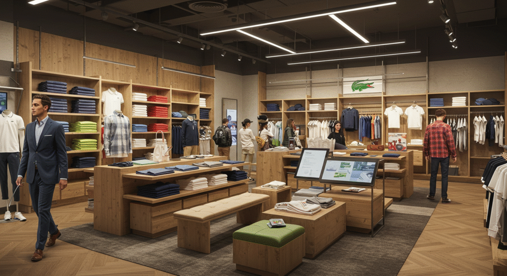 A man inspecting clothes on display in a Lacoste Canada store, thoughtfully considering his options.