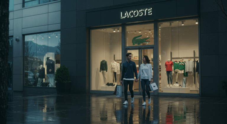 Two people walking past a Lacoste Canada store, showcasing the brand's logo and modern storefront design.
