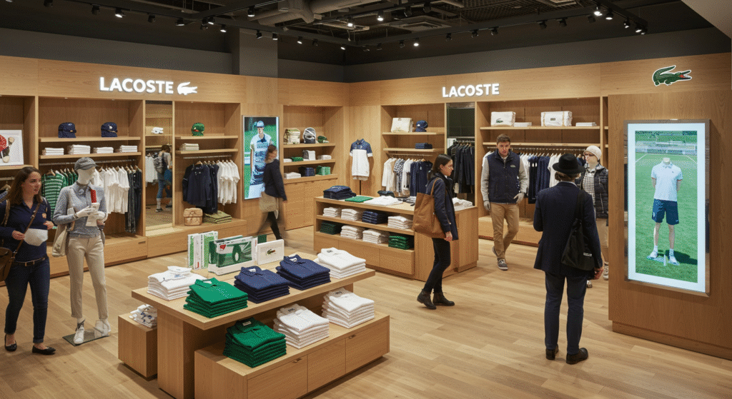 Modern Lacoste Canada store interior featuring sleek design, vibrant displays, and signature green branding elements.