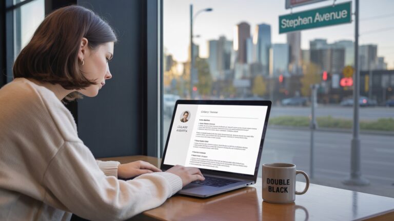 A woman sitting at a table, searching for part time jobs Calgary on her laptop, with a cup of coffee beside her.