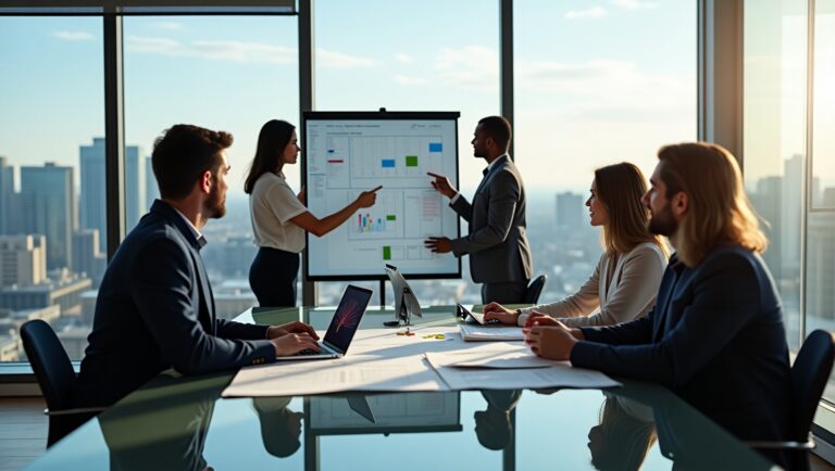 Business professionals discussing strategies for project management jobs Calgary Alberta in a meeting room with a whiteboard of notes and diagrams.
