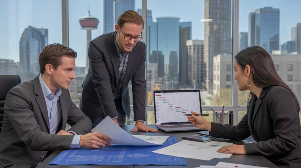 Three people in an office analyzing papers and discussing their contents, related to project manager jobs Calgary.