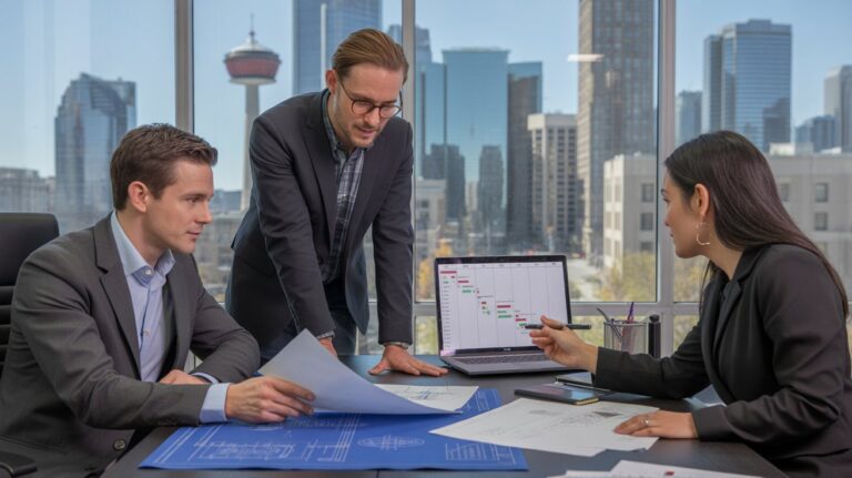 Three people in an office analyzing papers and discussing their contents, related to project manager jobs Calgary.