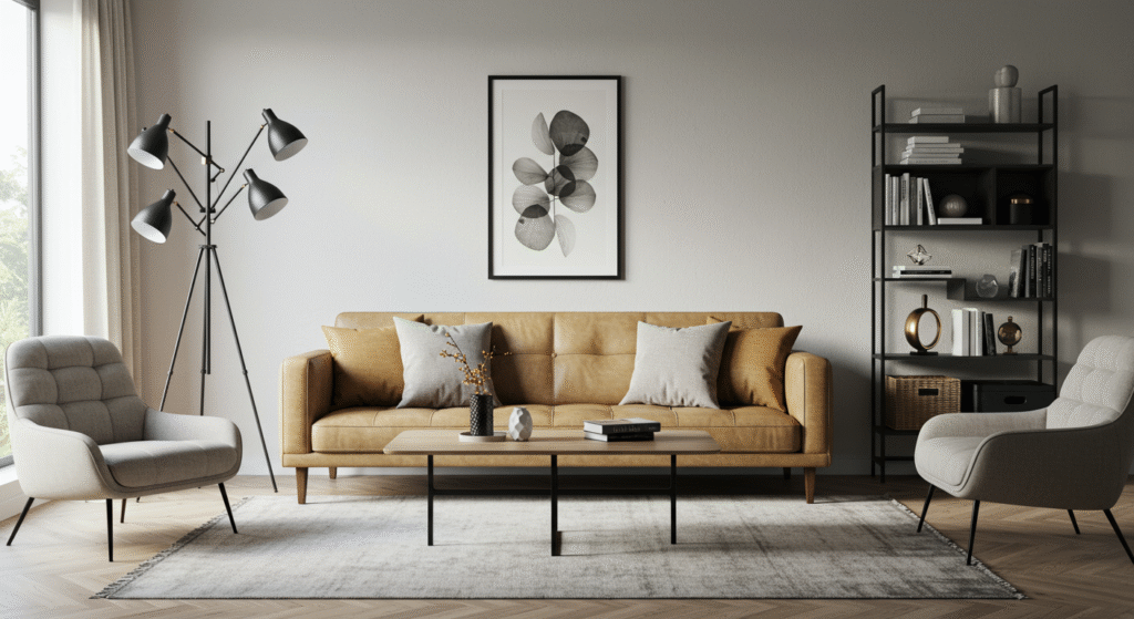 Stylish apartment showcasing Structube Canada couch, bed, and dining table in a contemporary layout.