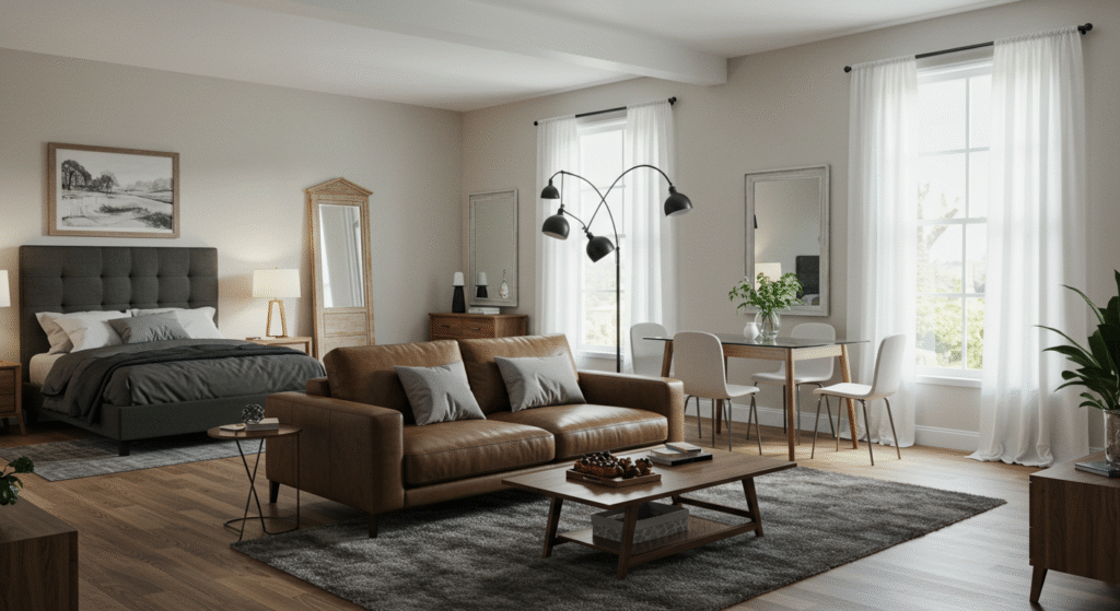 Stylish apartment featuring Structube Canada couch, bed, and dining table in a sleek contemporary layout.