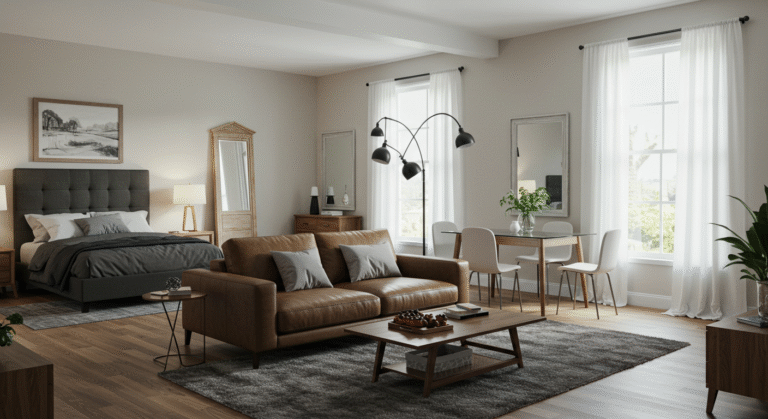 Stylish apartment featuring Structube Canada couch, bed, and dining table in a sleek contemporary layout.