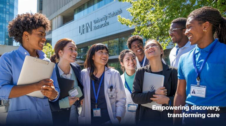 A diverse group of people standing together outside a modern building, smiling and engaged in conversation — representing professionals exploring UHN jobs opportunities in a collaborative healthcare environment.