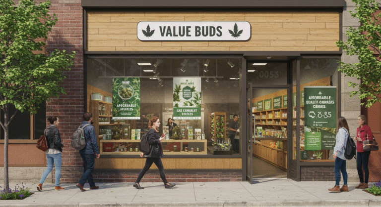 A Value Buds store front with people walking by, showcasing a lively urban scene and inviting atmosphere