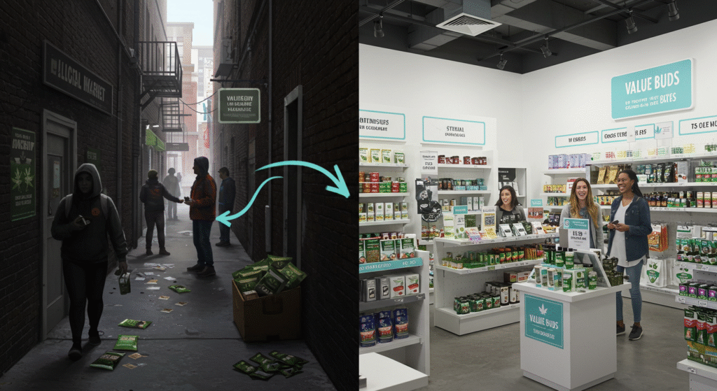 Shoppers explore a vibrant Value Buds store, engaging with products and each other in a lively retail environment.